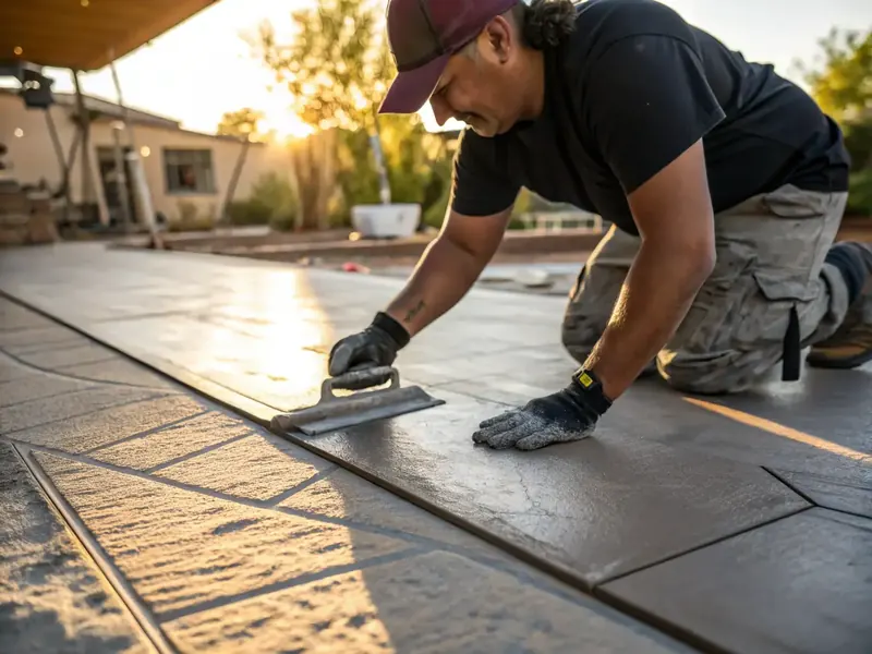 Skilled craftsman applying decorative concrete overlay on a patio surface
