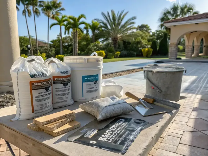 Professional decorative concrete materials and tools arranged in a Florida outdoor setting