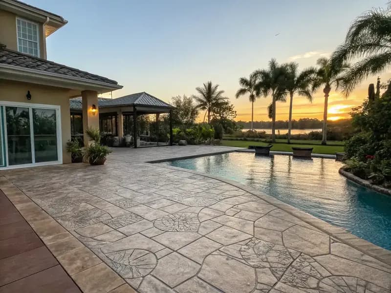 Beautiful stamped concrete pool deck at a Naples Florida luxury home
